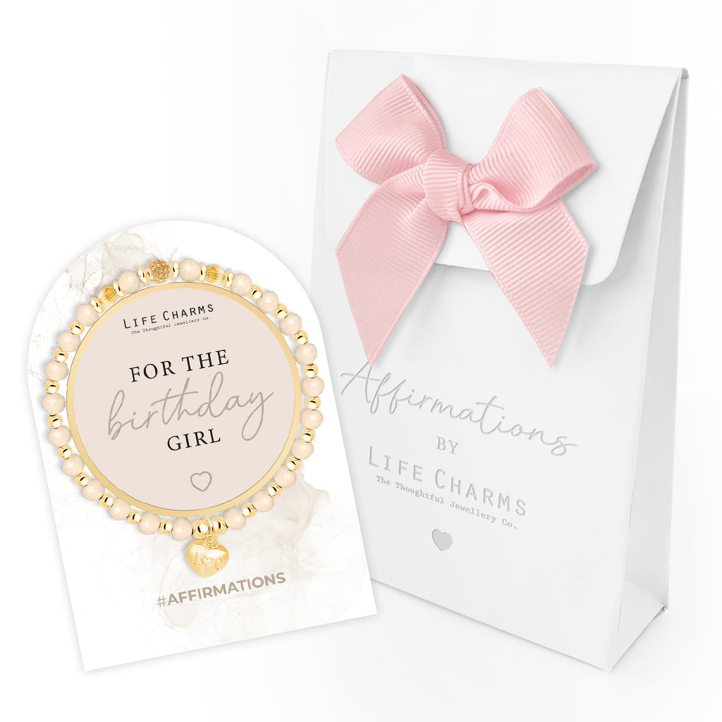 Birthday Girl - Beige crystal affirmation bracelet