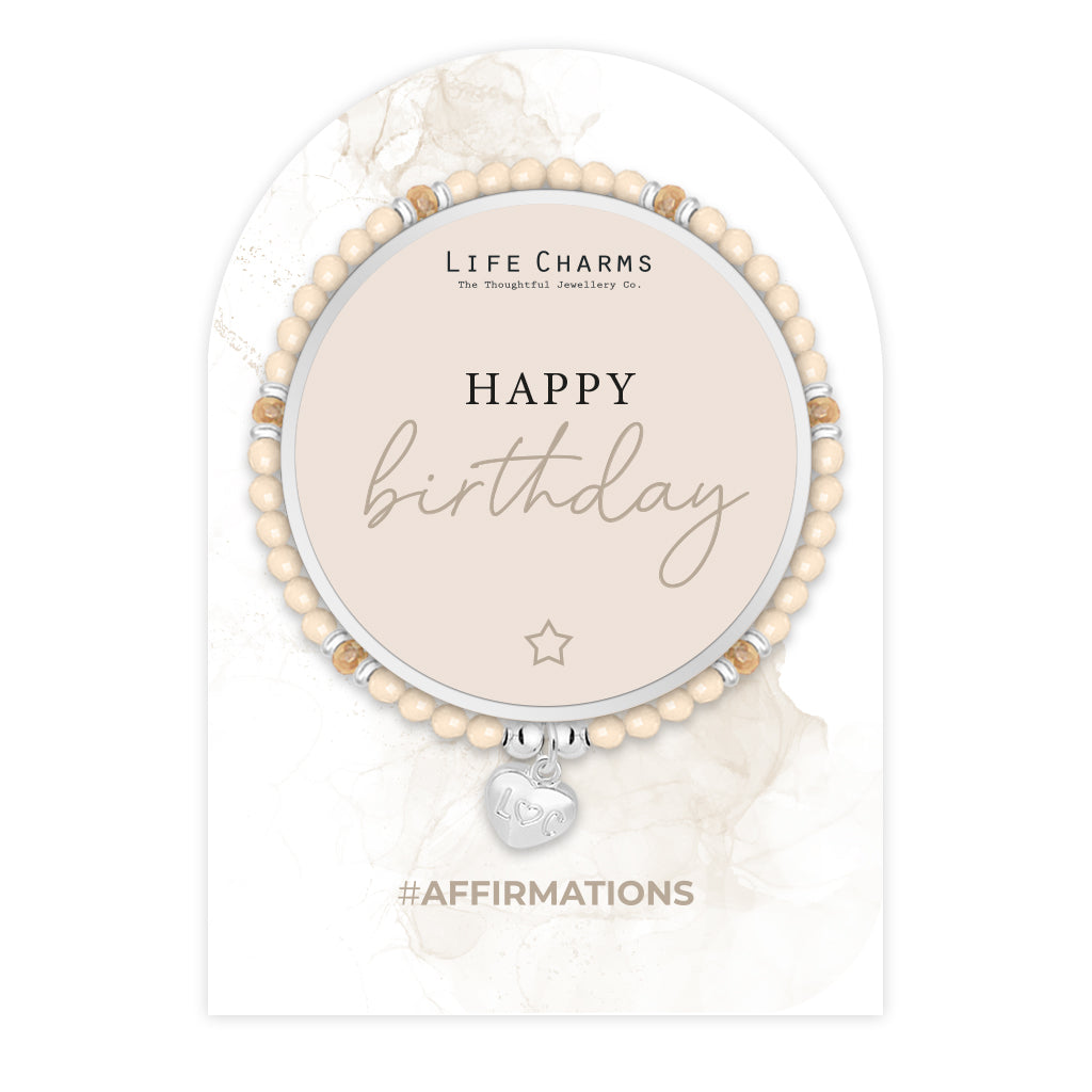 Happy Birthday - Beige crystal affirmation bracelet