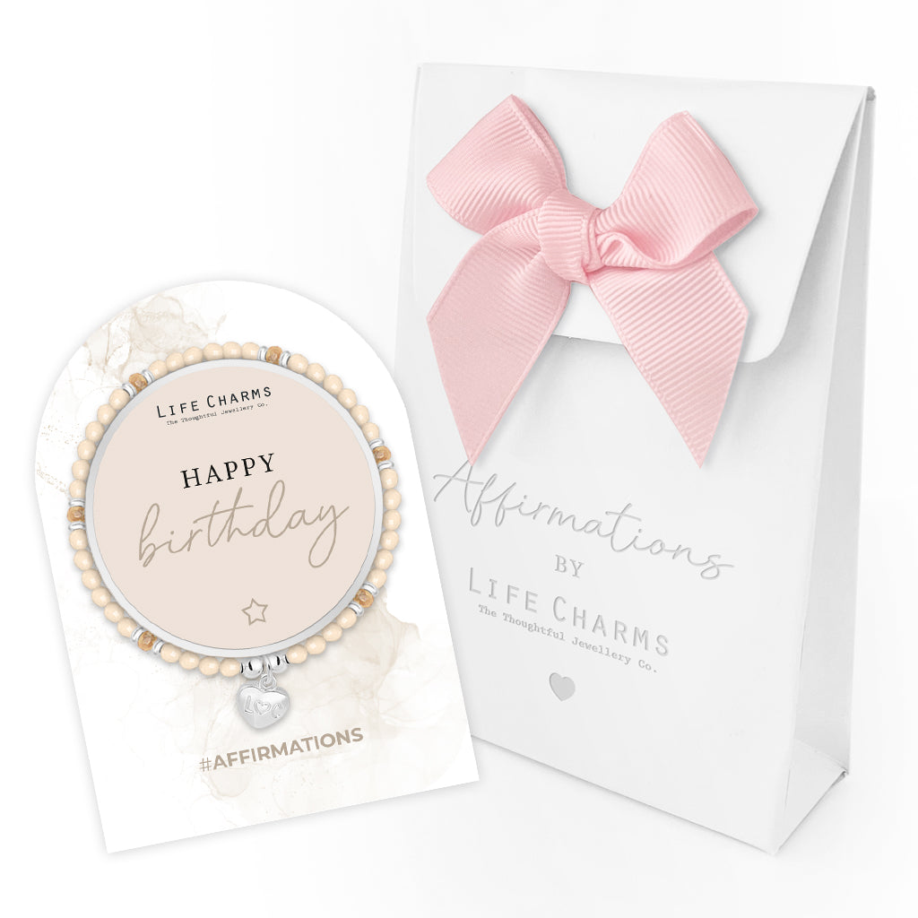 Happy Birthday - Beige crystal affirmation bracelet