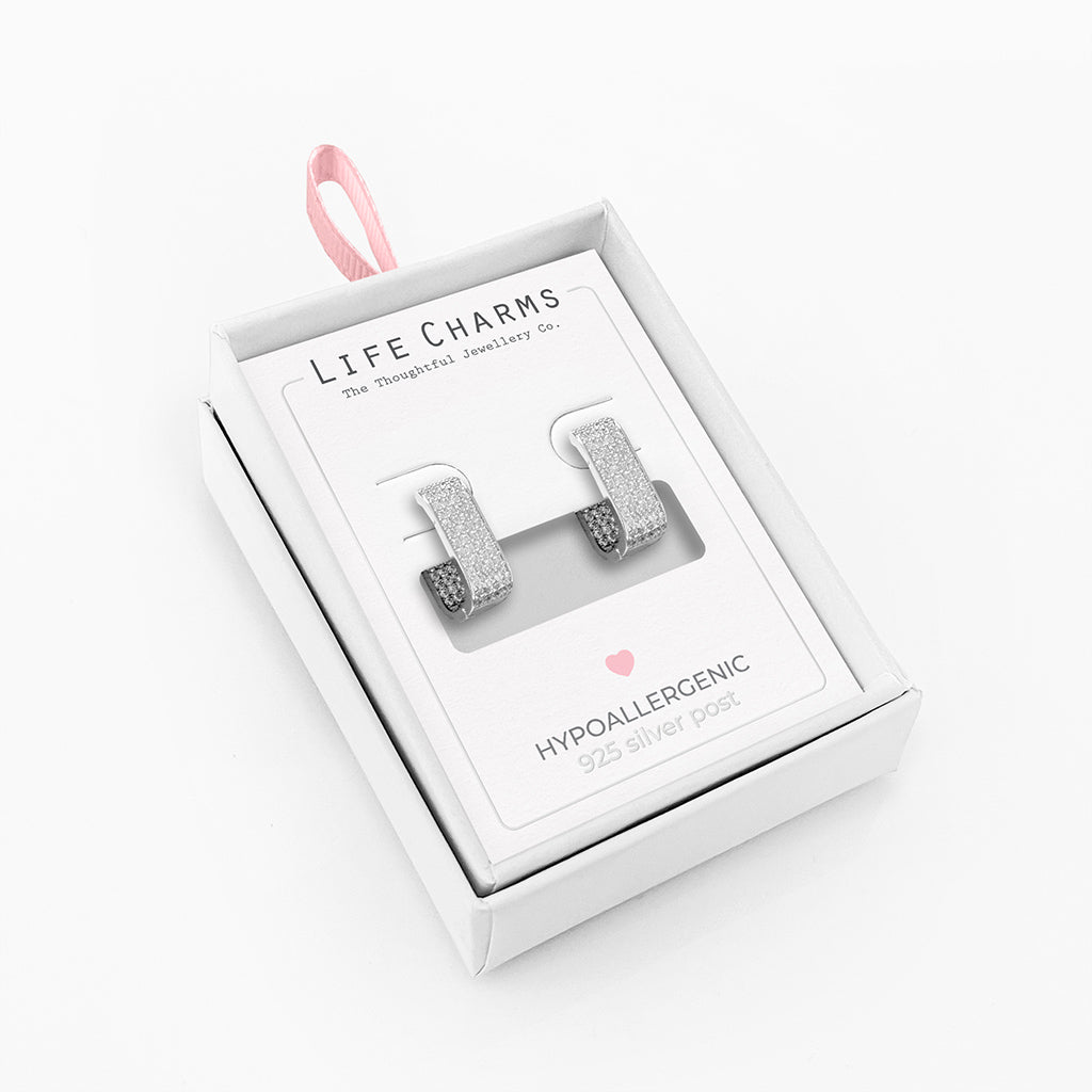 Sparkling rectangle huggie earrings in silver