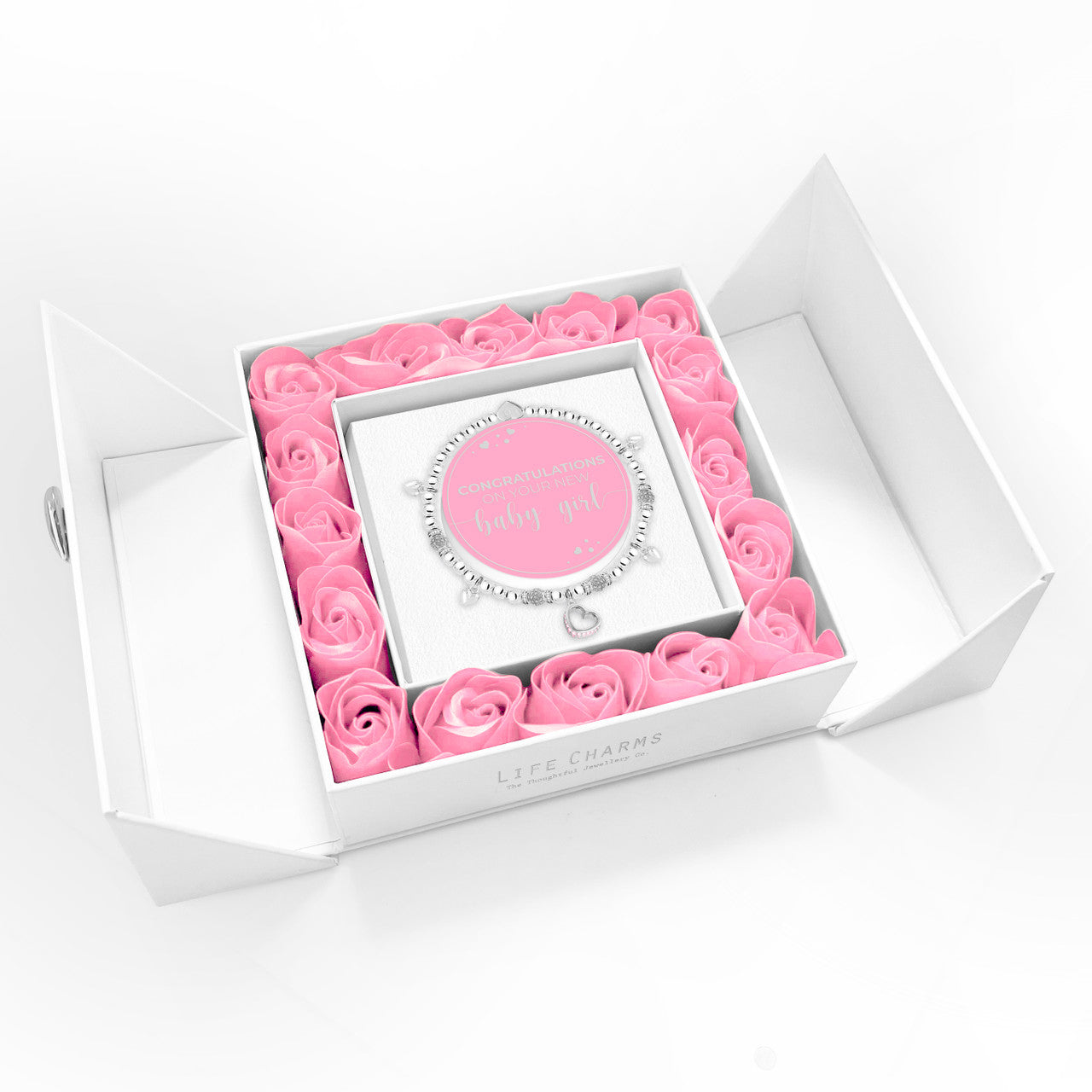 Baby Girl - Sparkling heart charm bracelet in flower box