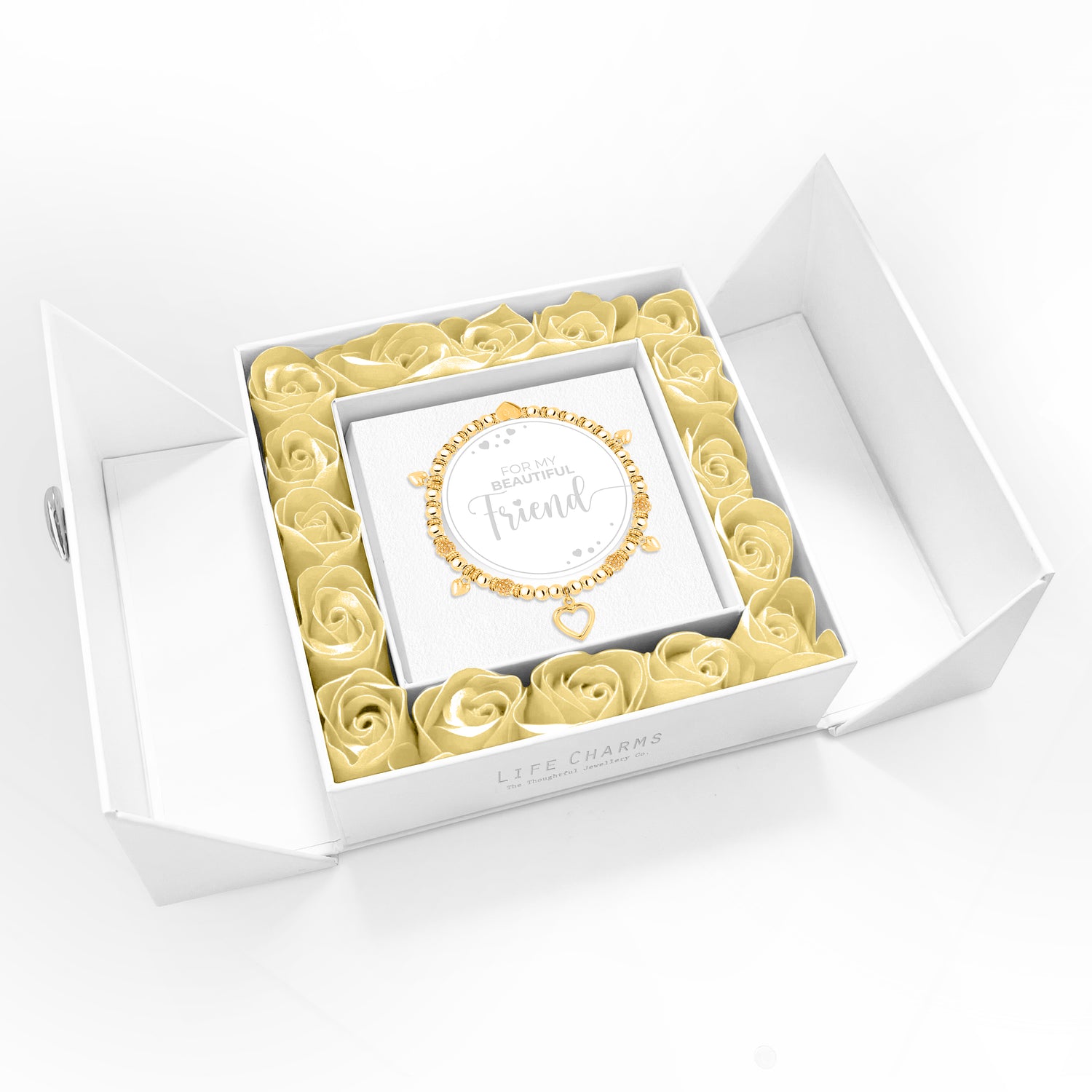 Beautiful Friend - Gold hearts charm bracelet in flower box