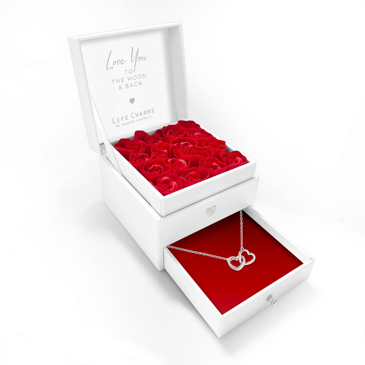 Love You to the moon and back - Double heart charm necklace in elegant red flower box