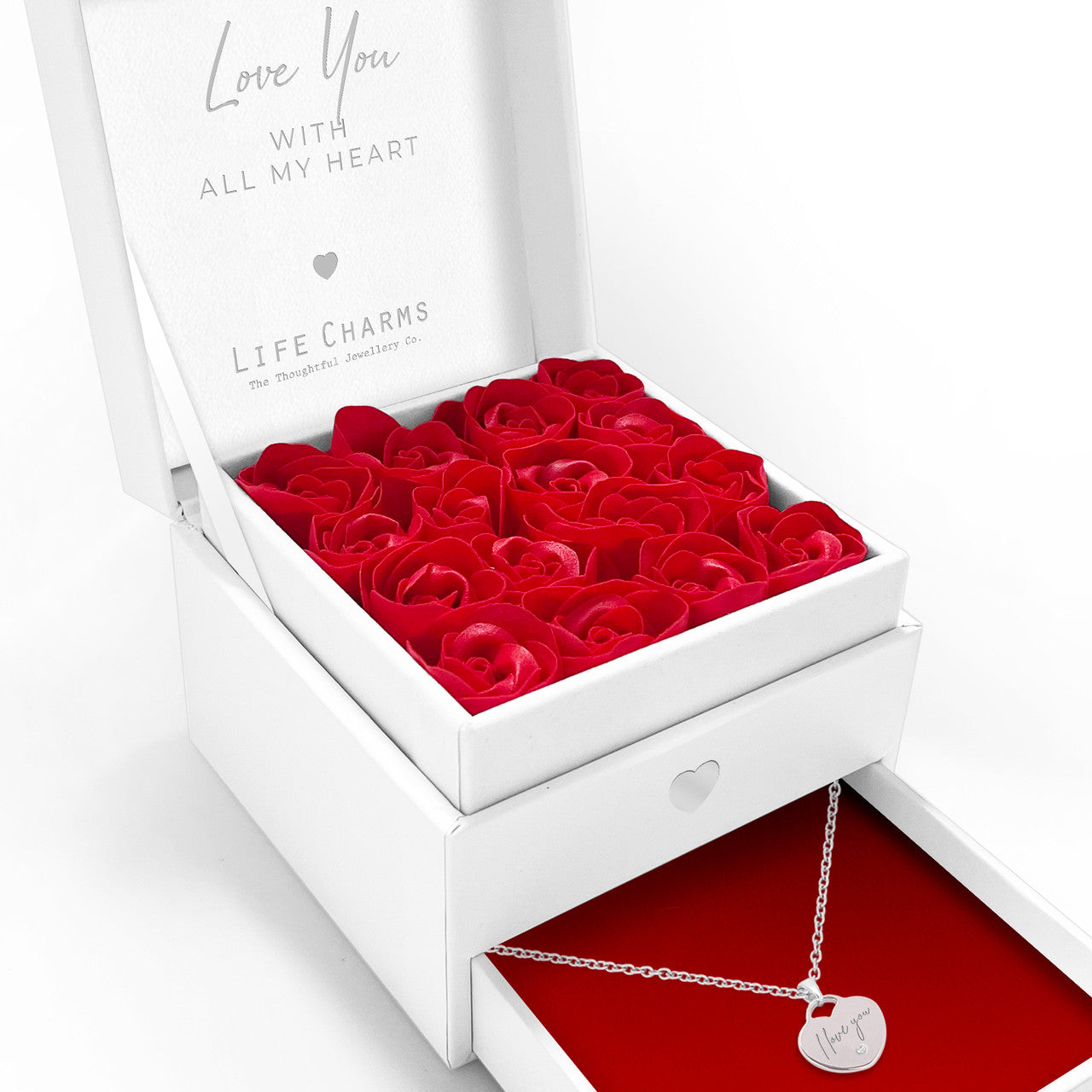Love You with all my heart - Beautiful heart charm necklace in elegant red flower box
