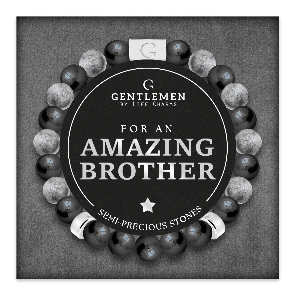 Grey jasper & hematite semi precious beaded elastic bracelet - Amazing brother