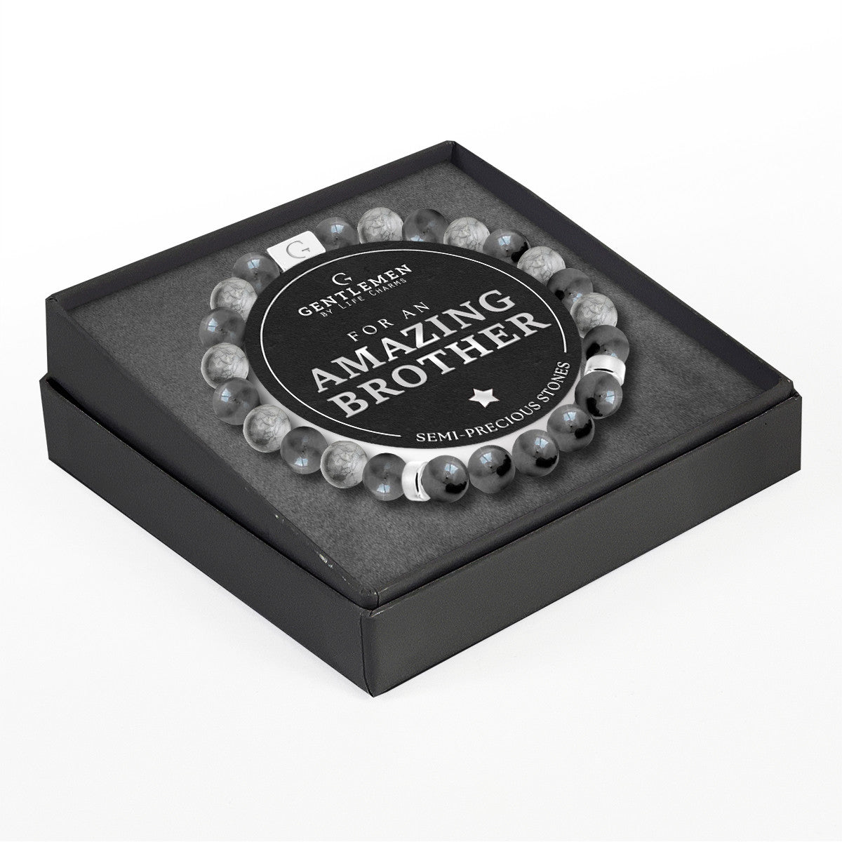 Grey jasper & hematite semi precious beaded elastic bracelet - Amazing brother