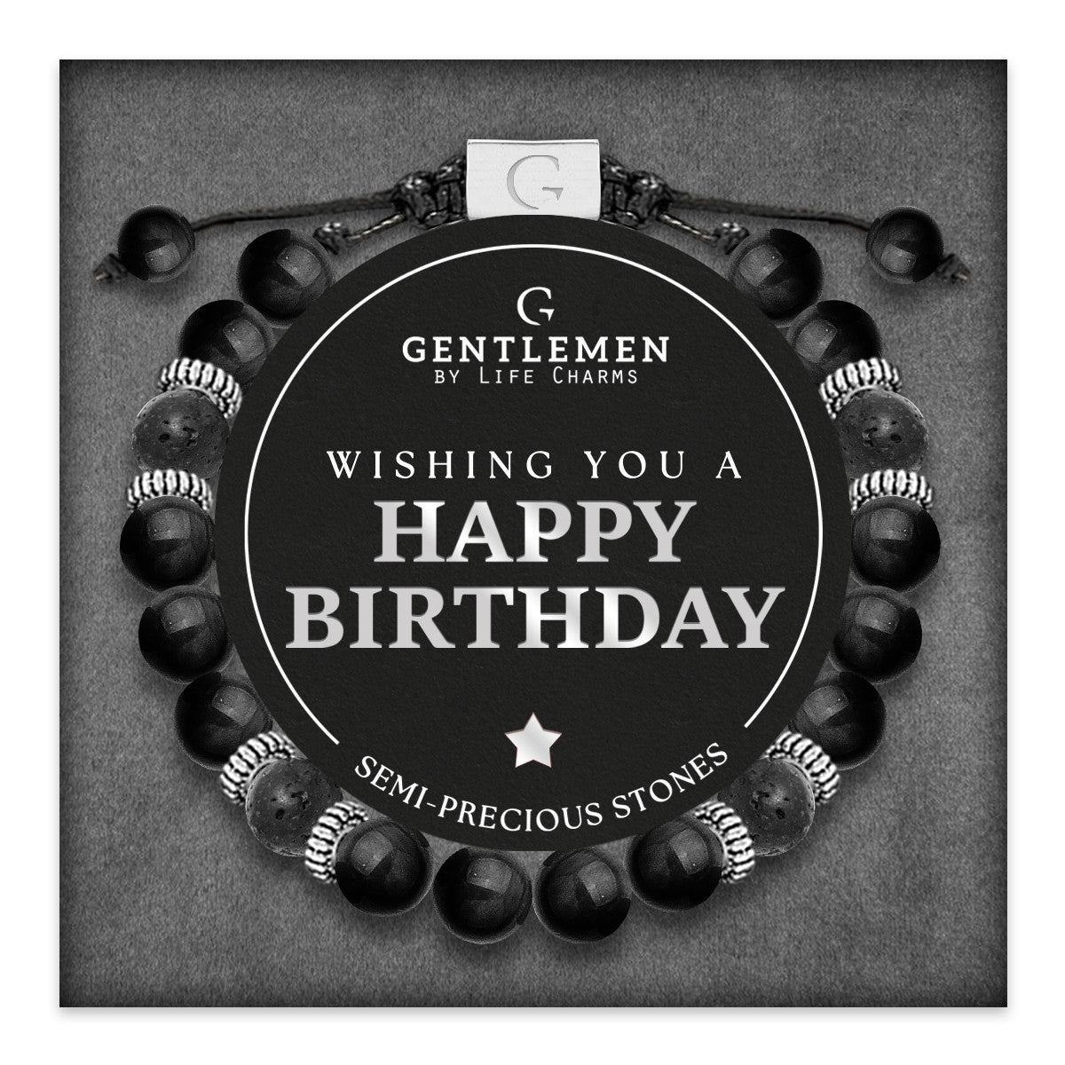 Black agate & lava stone semi precious beaded adjustable bracelet - Happy birthday