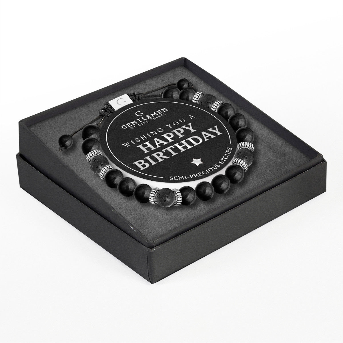 Black agate & lava stone semi precious beaded adjustable bracelet - Happy birthday