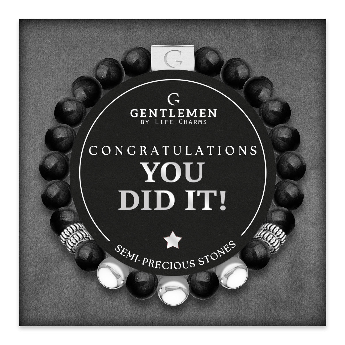 Black agate semi precious beaded elastic bracelet - Congratulations