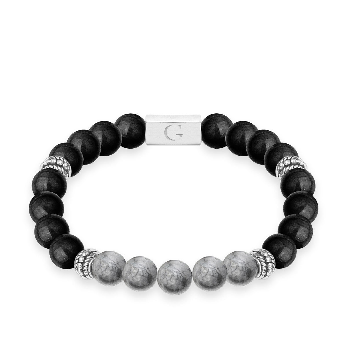 Grey jasper & black agate semi precious beaded elastic bracelet - Fabulous son