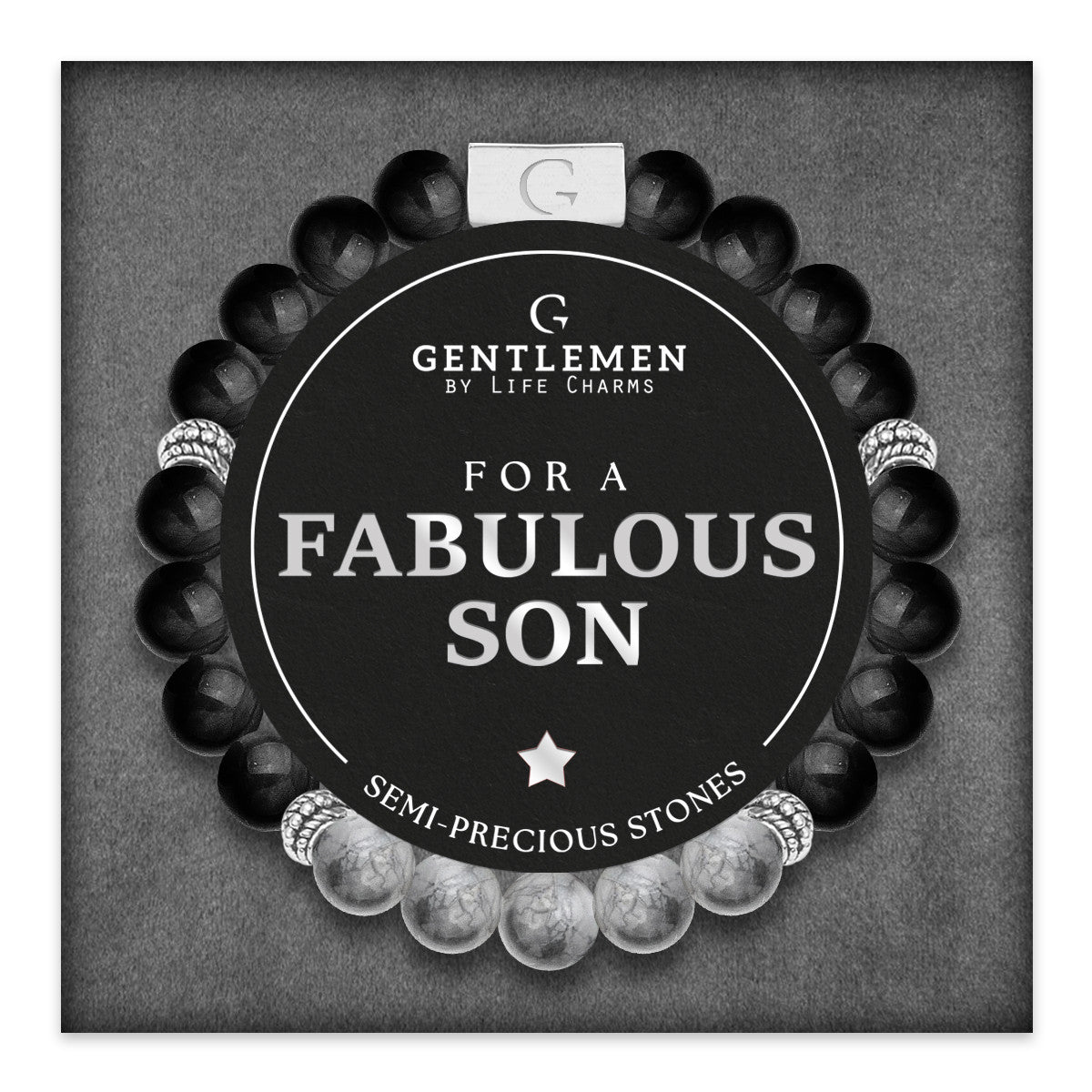 Grey jasper & black agate semi precious beaded elastic bracelet - Fabulous son