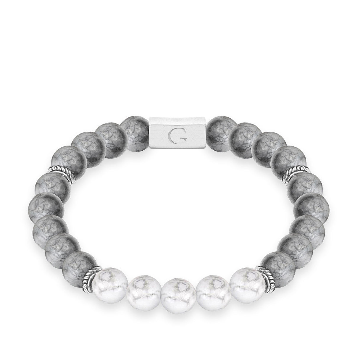 Grey & white jasper semi precious beaded elastic bracelet - Superstar