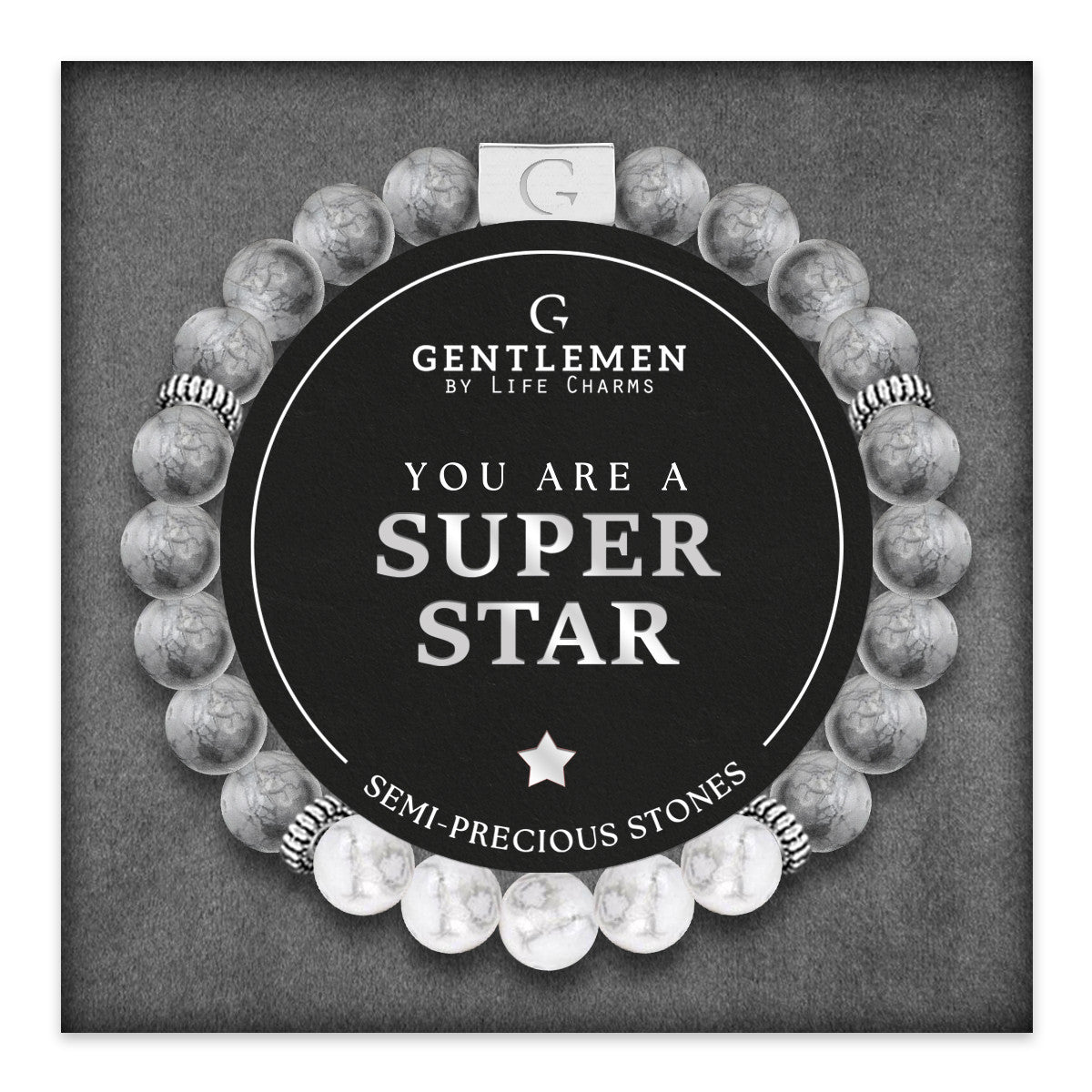 Grey & white jasper semi precious beaded elastic bracelet - Superstar