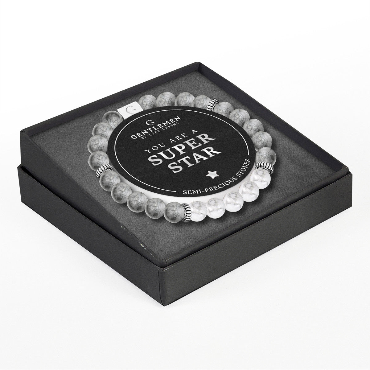 Grey & white jasper semi precious beaded elastic bracelet - Superstar