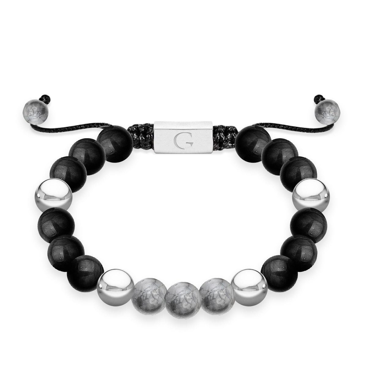 Grey jasper & black agate semi precious beaded adjustable bracelet - Superstar