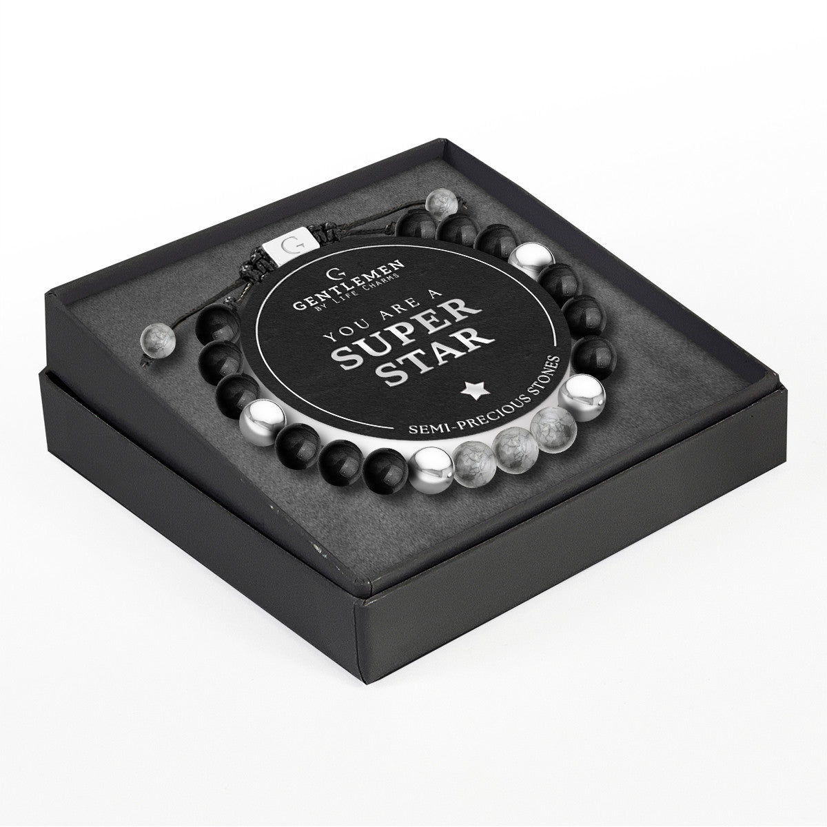 Grey jasper & black agate semi precious beaded adjustable bracelet - Superstar