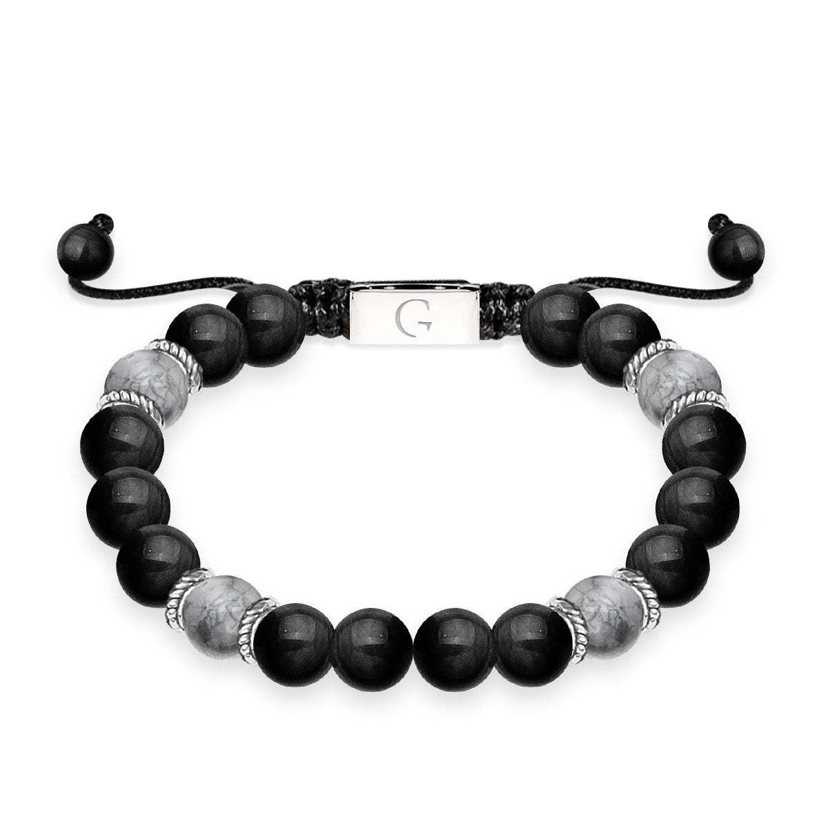 Grey jasper & black agate semi precious beaded adjustable bracelet - Grandad