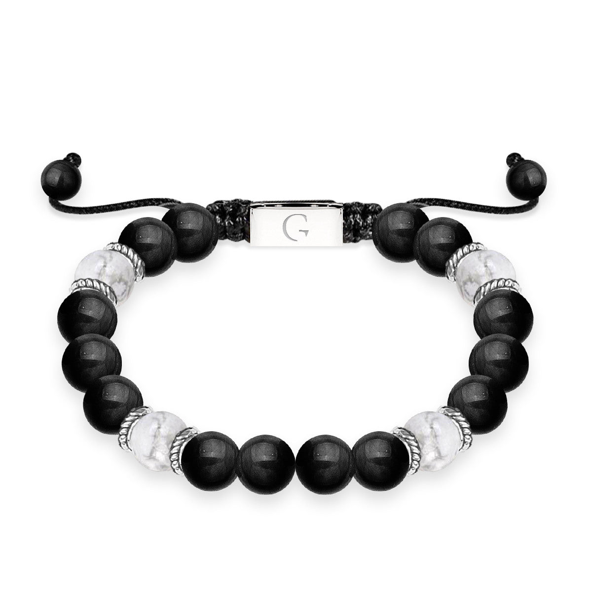 White jasper & black agate semi precious beaded adjustable bracelet - Nephew