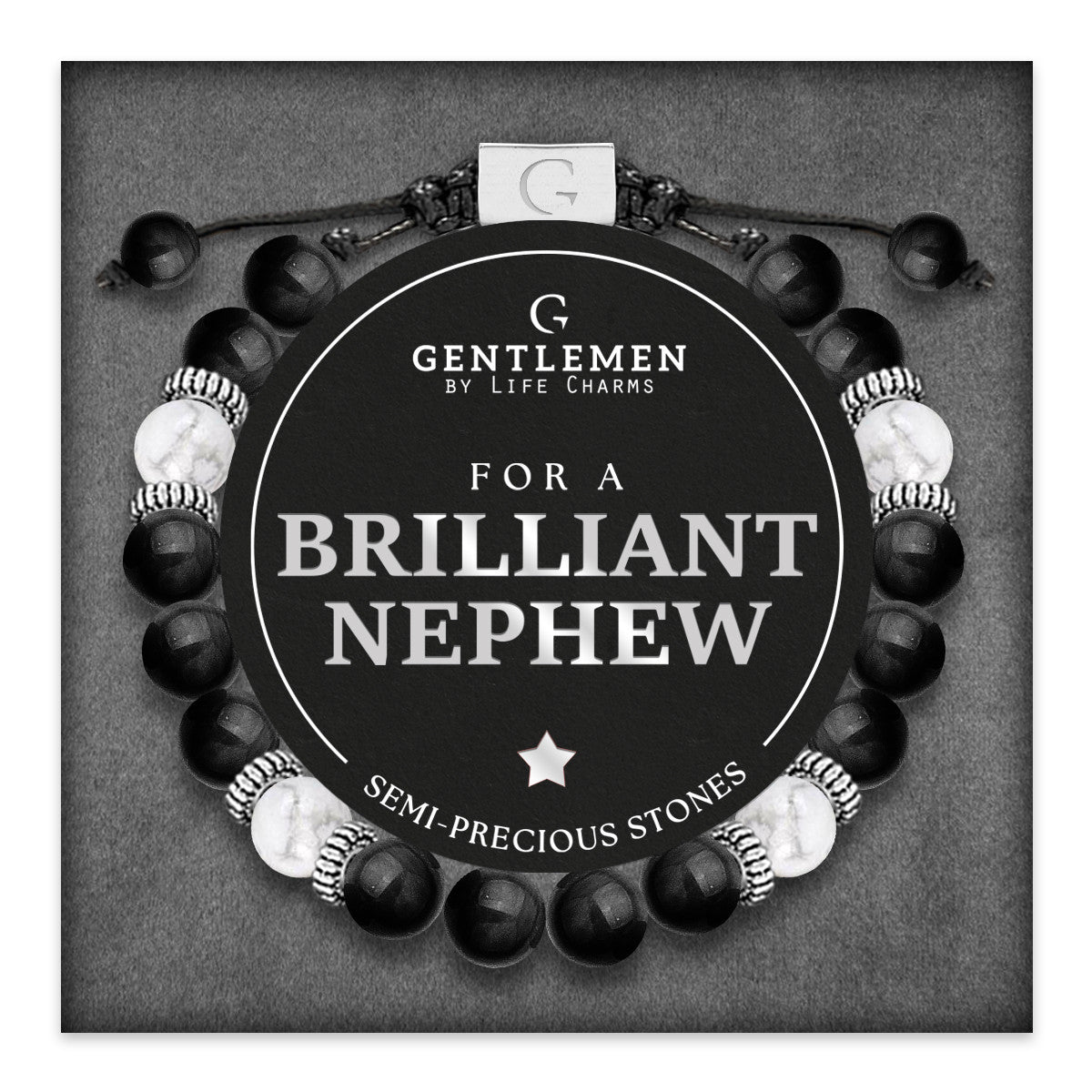 White jasper & black agate semi precious beaded adjustable bracelet - Nephew