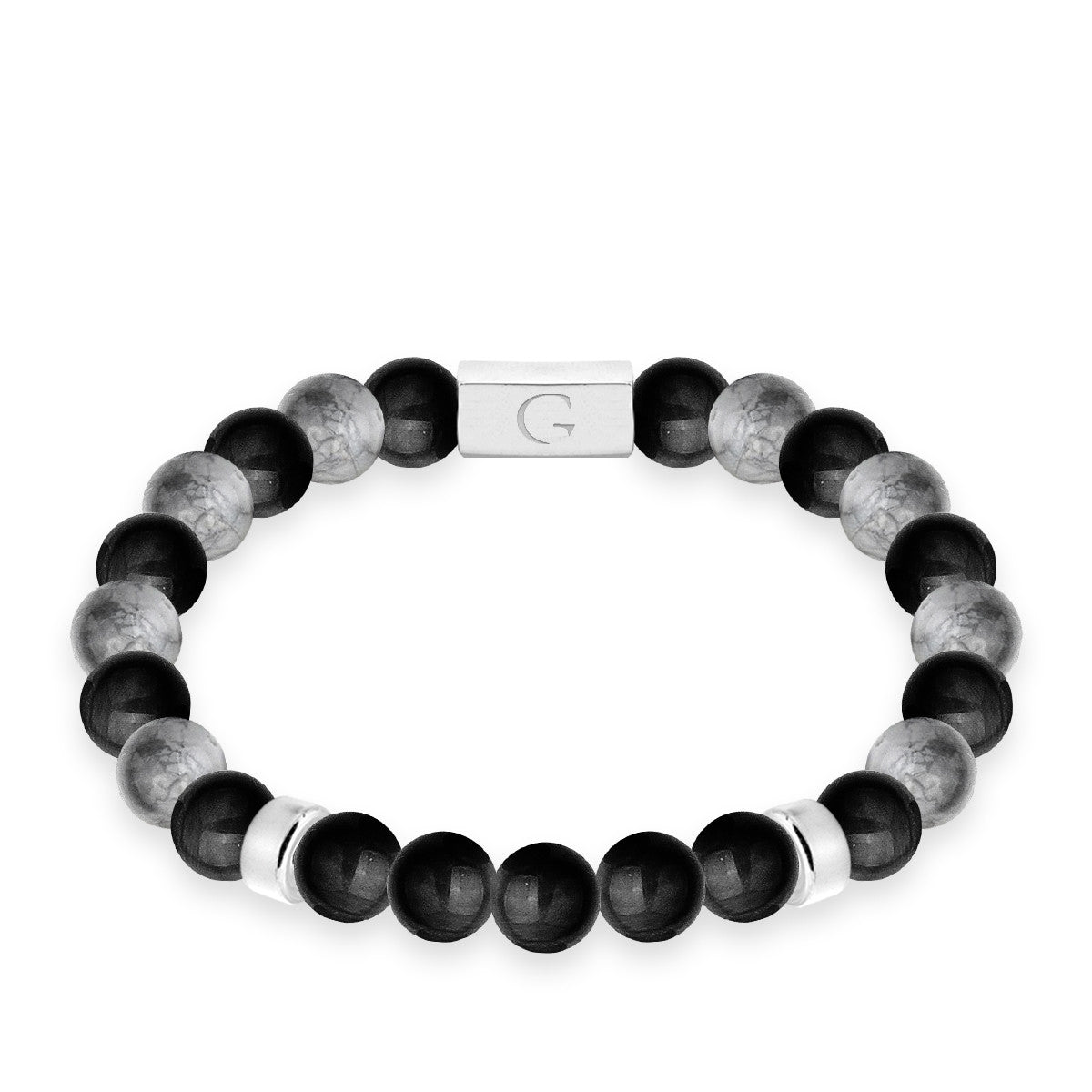 Grey jasper & black agate semi precious beaded elastic bracelet - Thank you