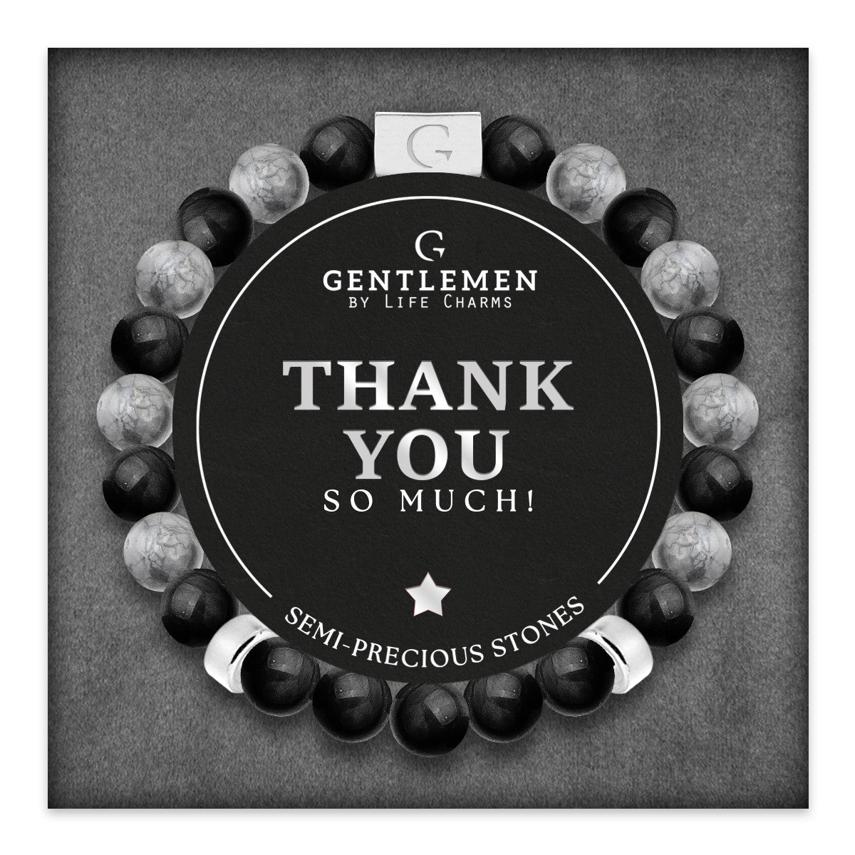 Grey jasper & black agate semi precious beaded elastic bracelet - Thank you