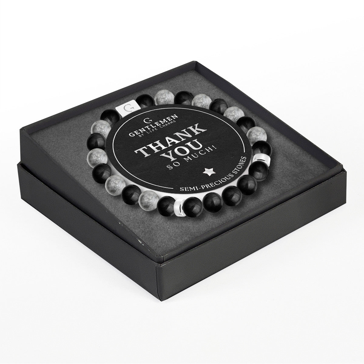 Grey jasper & black agate semi precious beaded elastic bracelet - Thank you