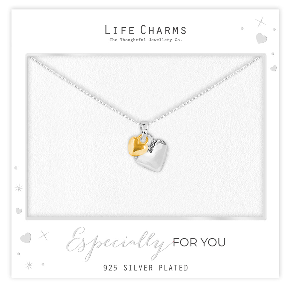 Silver and gold puffed hearts pendant necklace