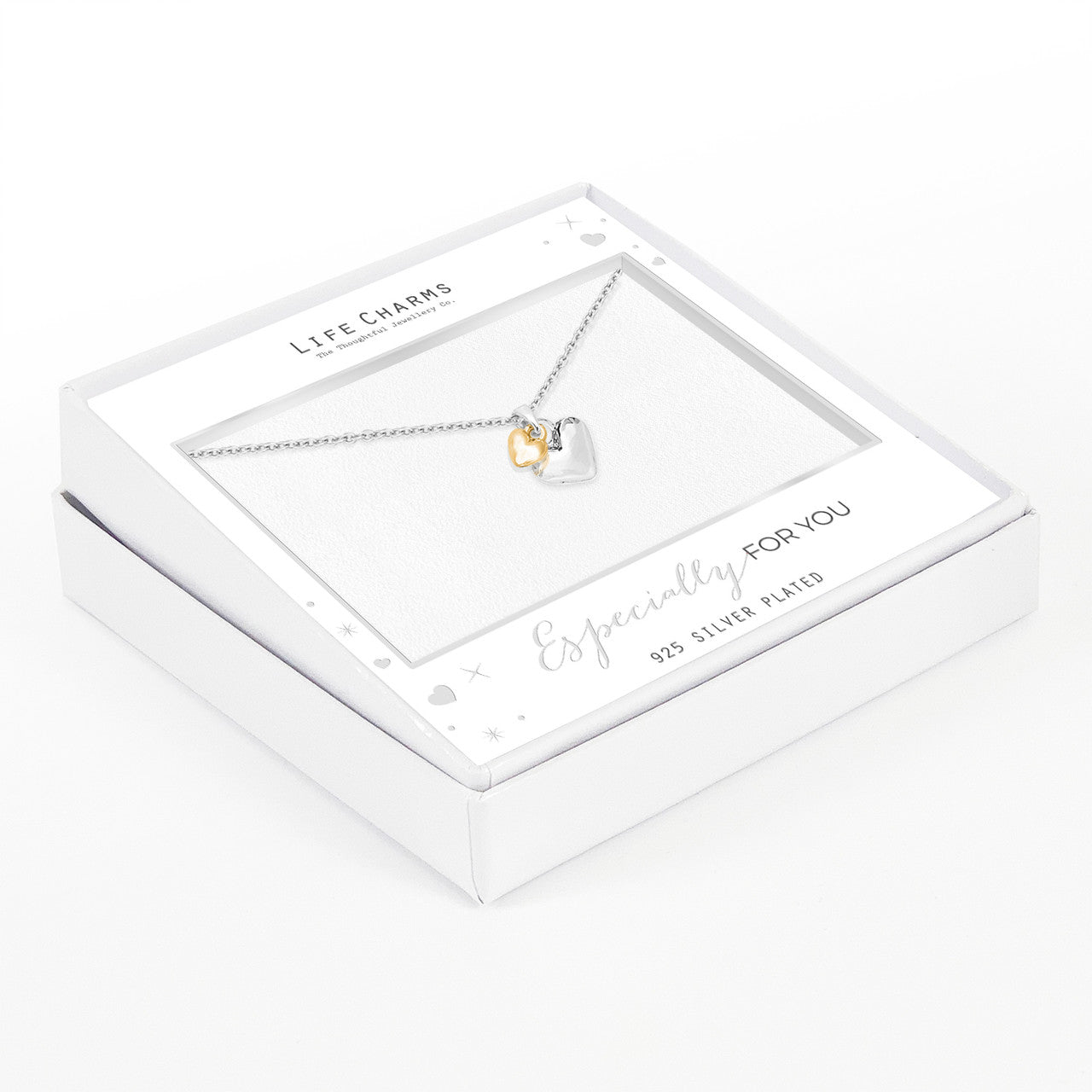 Silver and gold puffed hearts pendant necklace