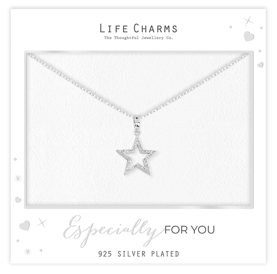 Crystal encrusted open star pendant necklce