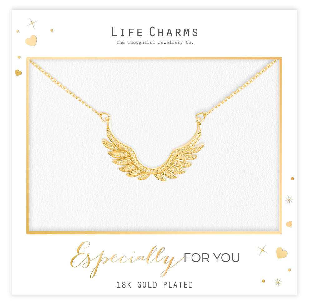 Zirconia studded angel wings pendant necklace in gold