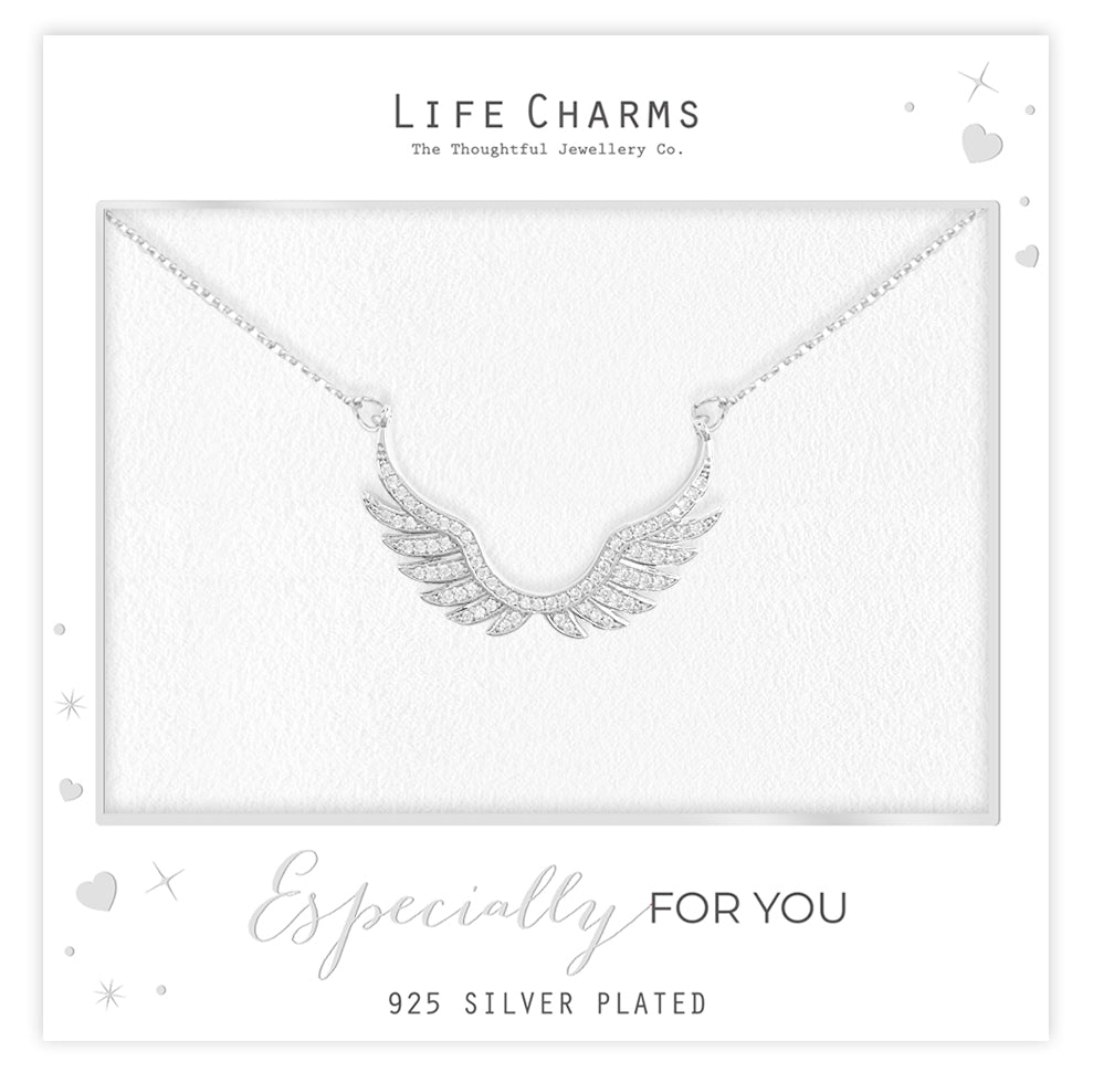 Zirconia studded angel wings pendant necklace