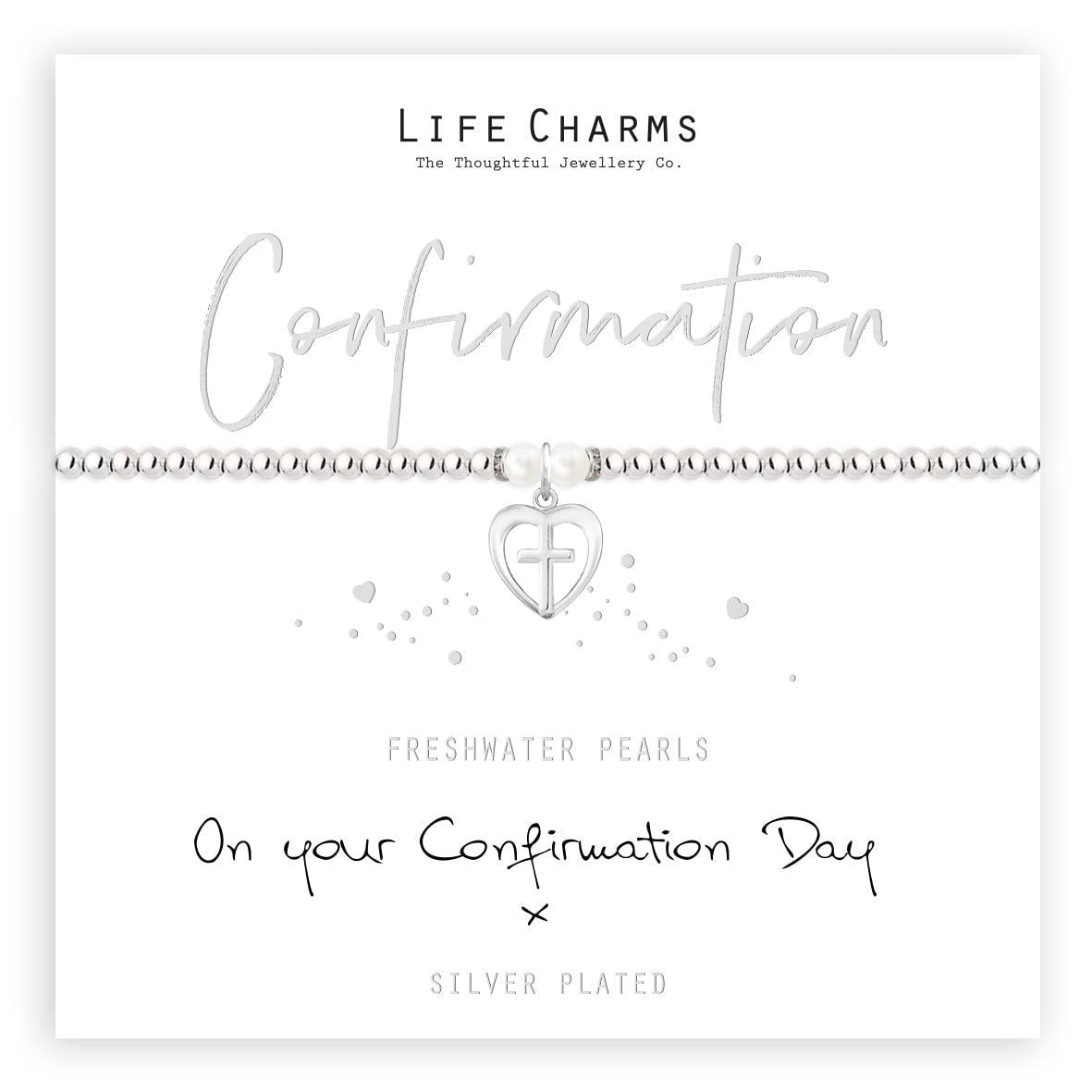 Silver and freshwater pearls Confirmation Day charm bracelet