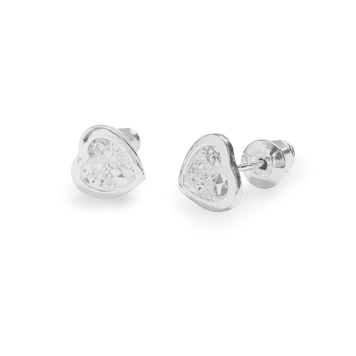 Small crystal heart silver studs