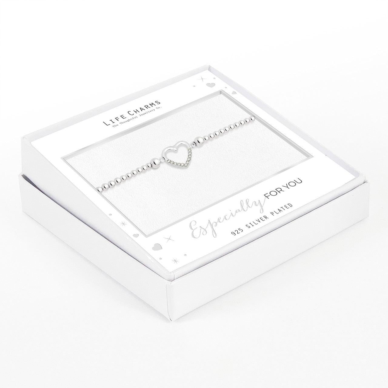 Open crystal heart bracelet in silver