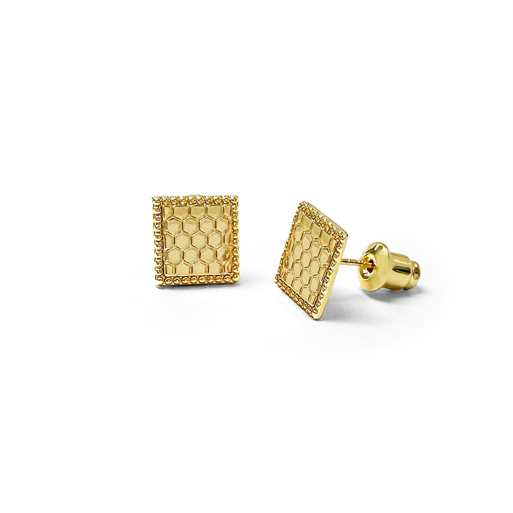 Honeycomb square studs in gold