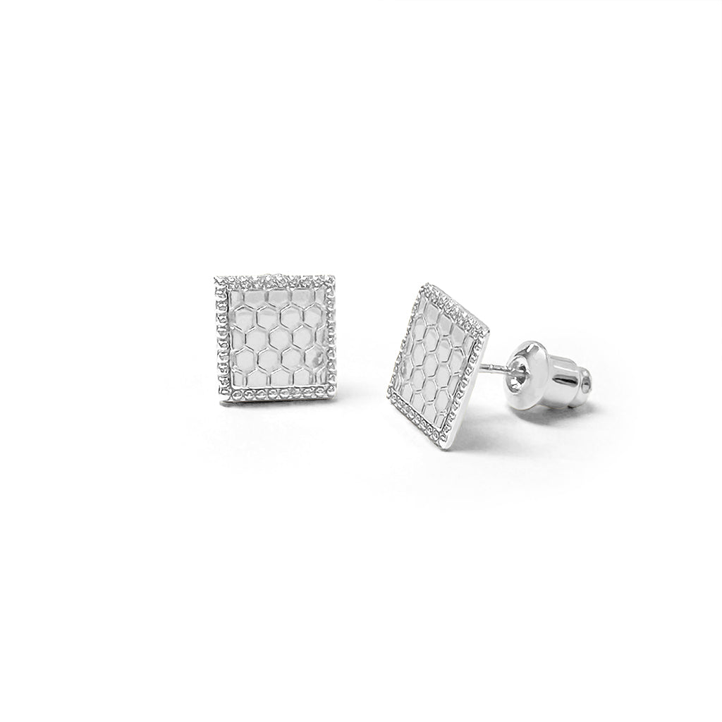 Honeycomb square studs in silver