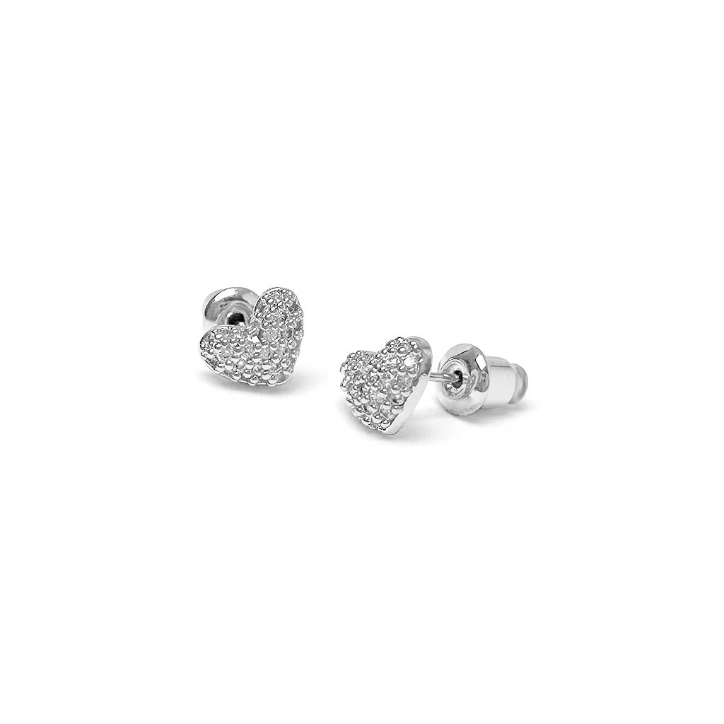 Silver sparkling heart studs