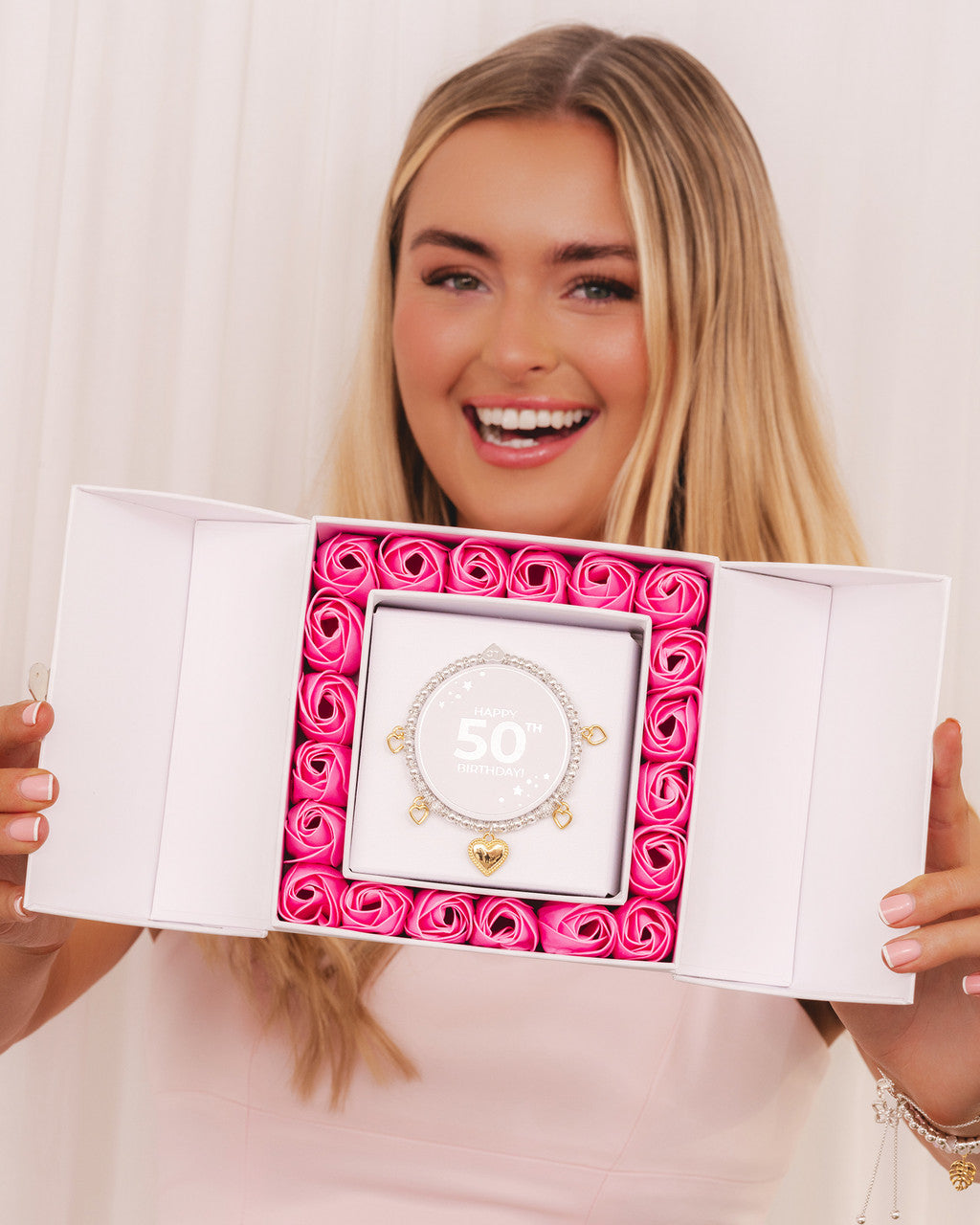 Happy 50th Birthday - Hearts charm bracelet in flower box