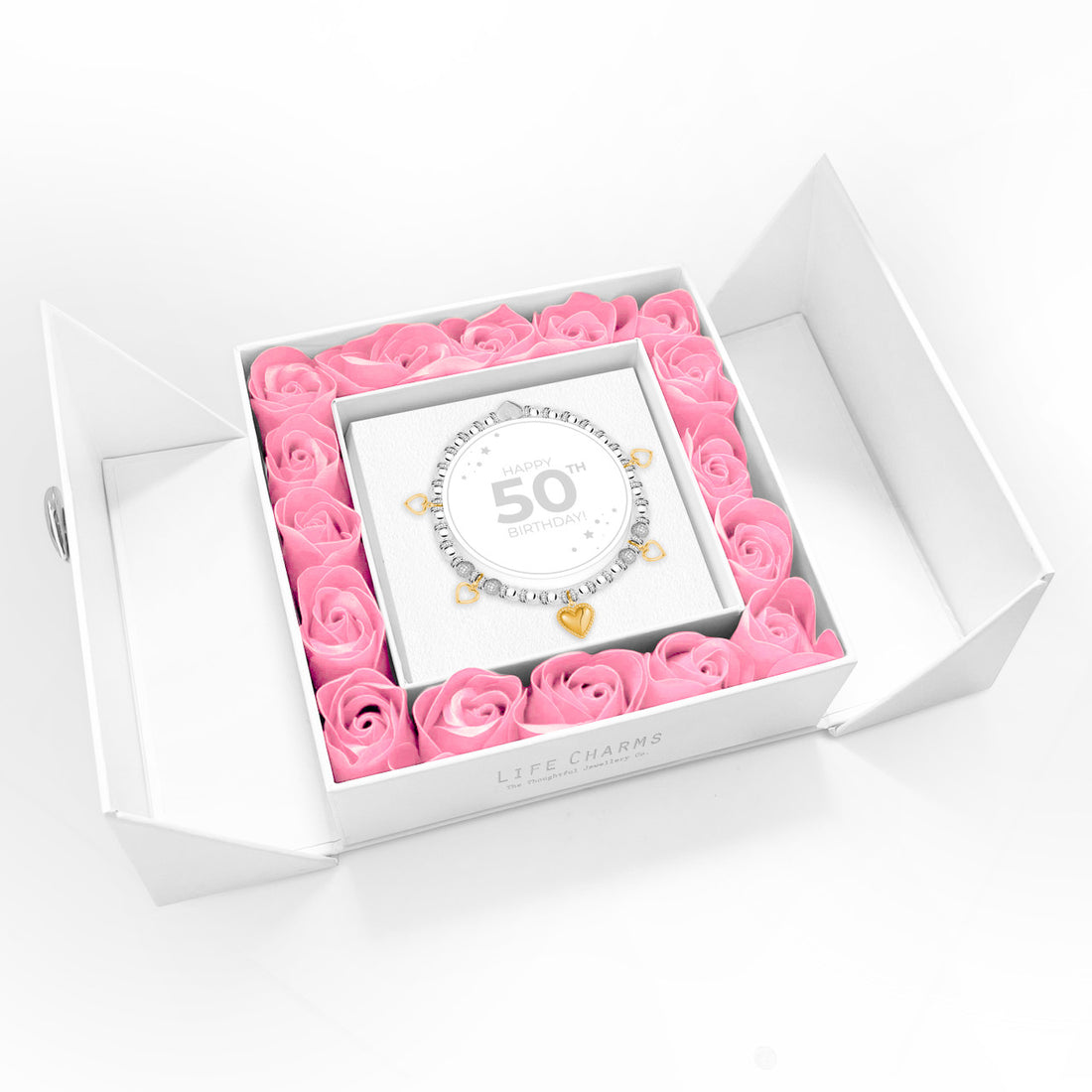 Happy 50th Birthday - Hearts charm bracelet in flower box
