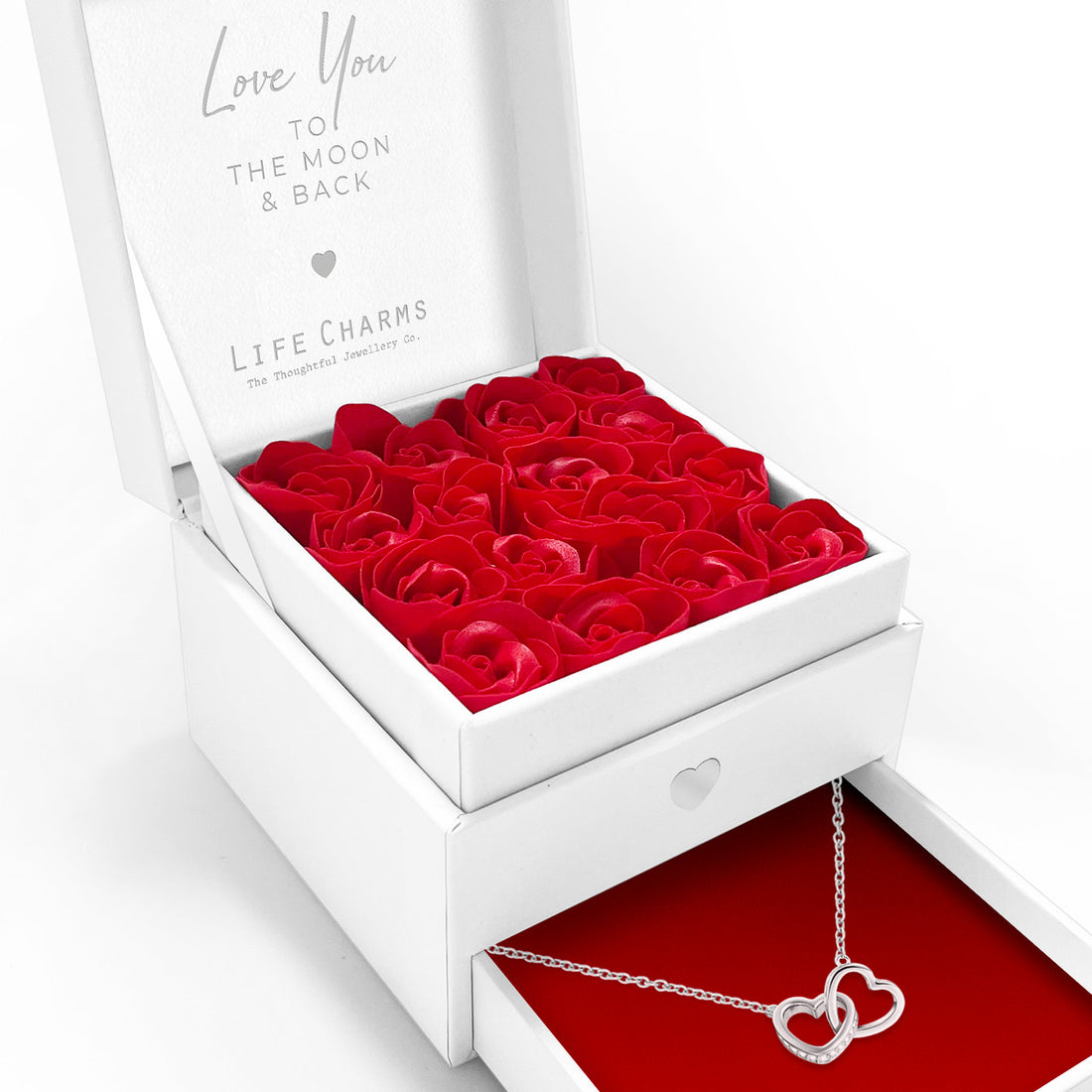 Love You to the moon and back - Double heart charm necklace in elegant red flower box