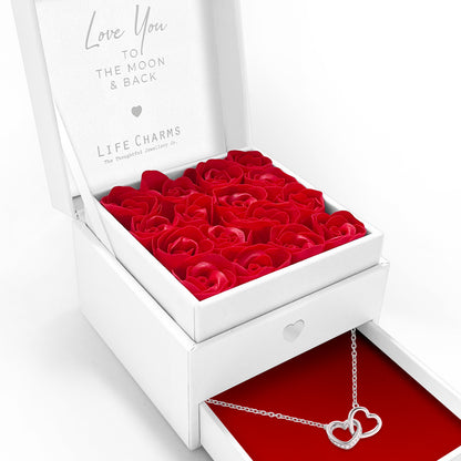 Love You to the moon and back - Double heart charm necklace in elegant red flower box
