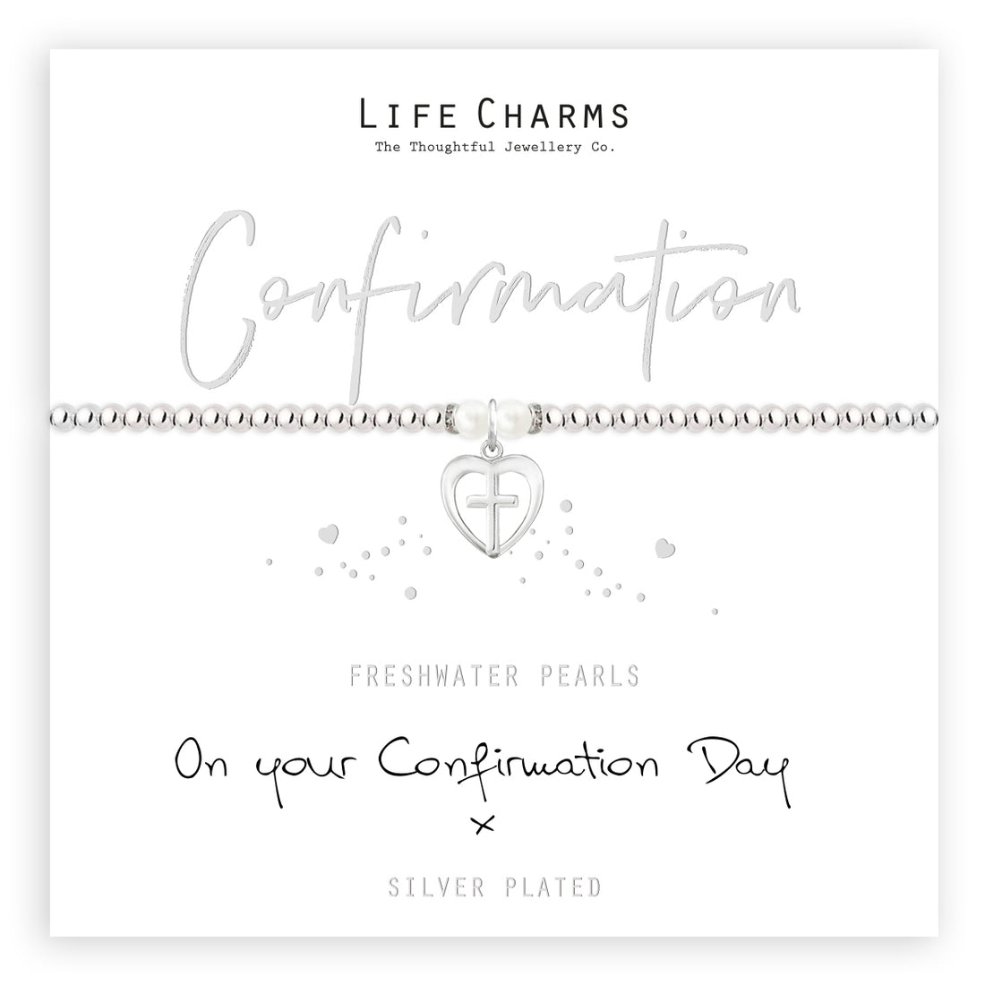 Silver and freshwater pearls Confirmation Day charm bracelet
