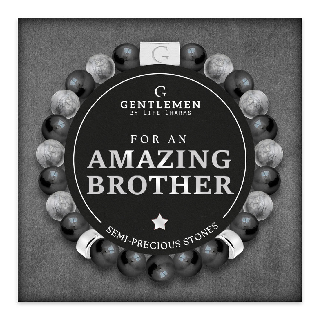 Grey jasper & hematite semi precious beaded elastic bracelet - Amazing brother