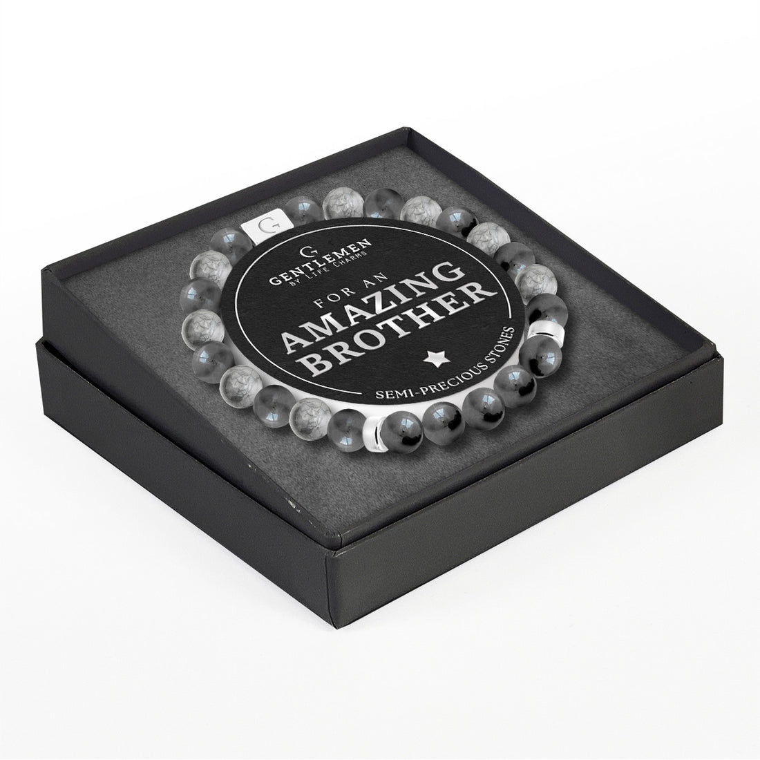 Grey jasper & hematite semi precious beaded elastic bracelet - Amazing brother