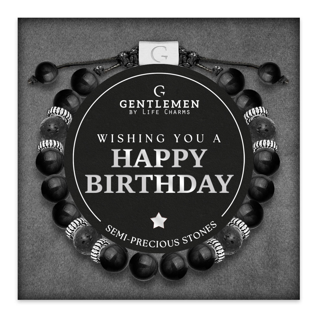 Black agate & lava stone semi precious beaded adjustable bracelet - Happy birthday