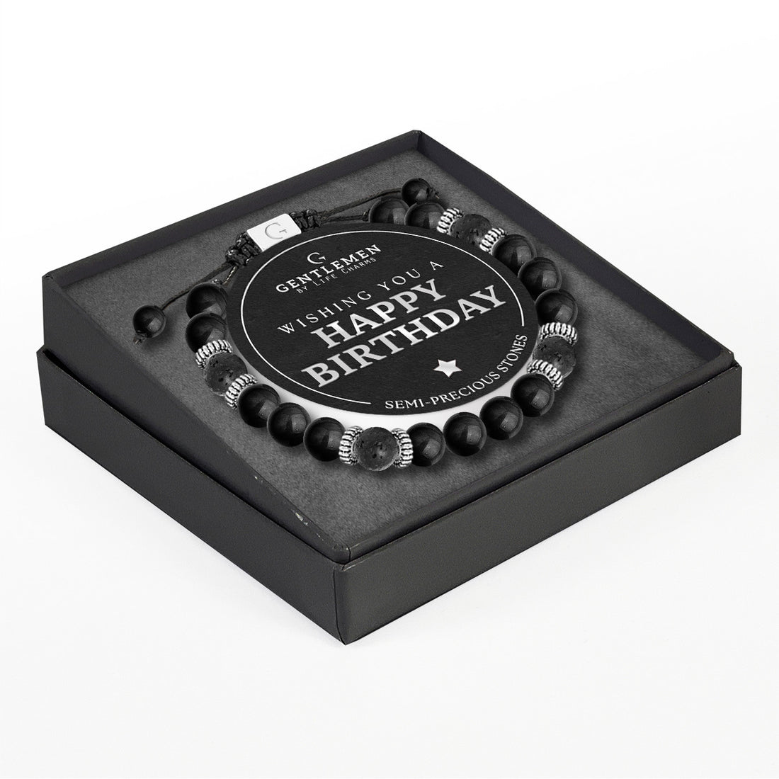 Black agate & lava stone semi precious beaded adjustable bracelet - Happy birthday