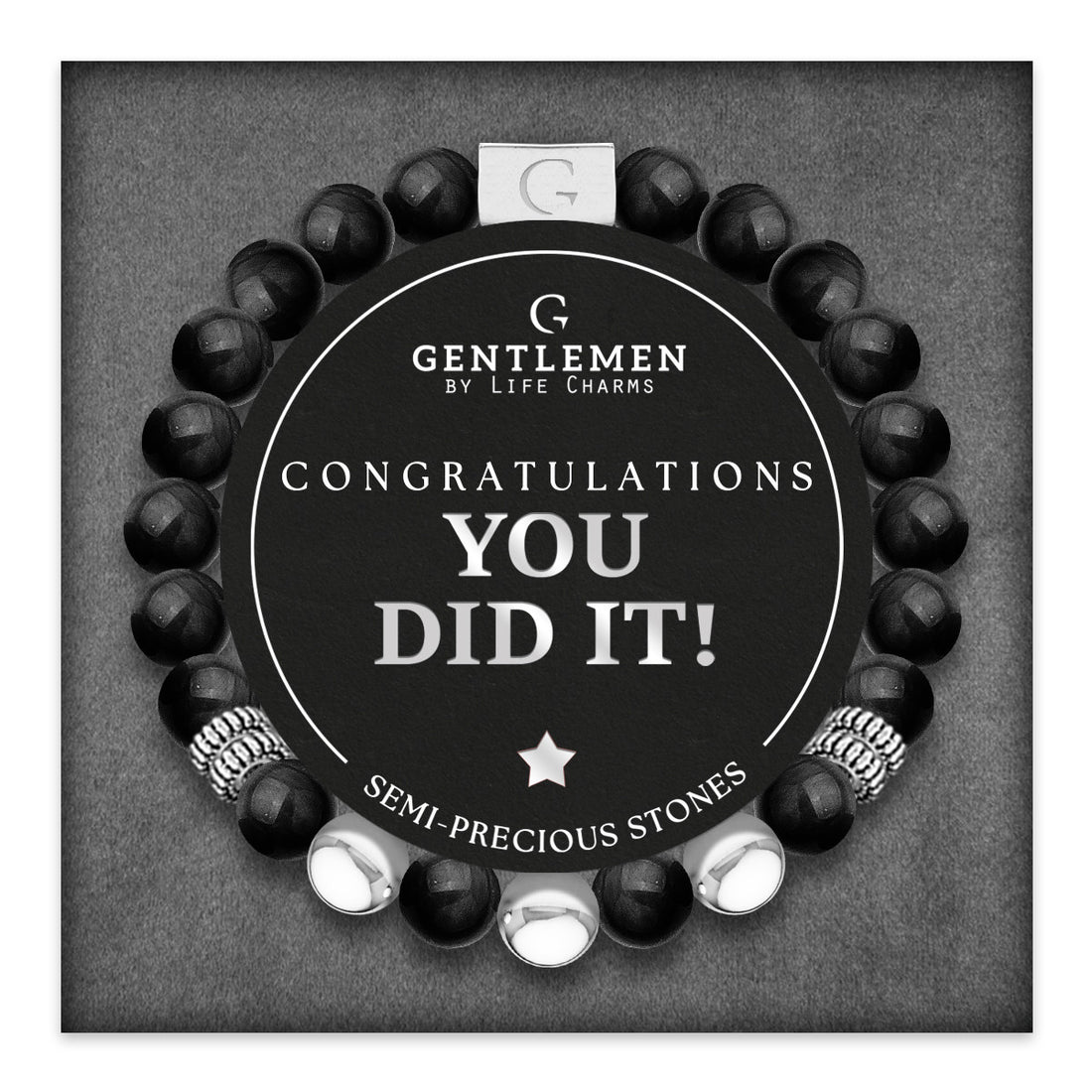 Black agate semi precious beaded elastic bracelet - Congratulations