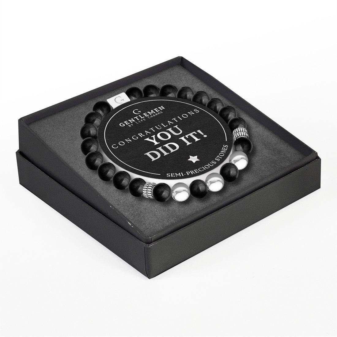 Black agate semi precious beaded elastic bracelet - Congratulations