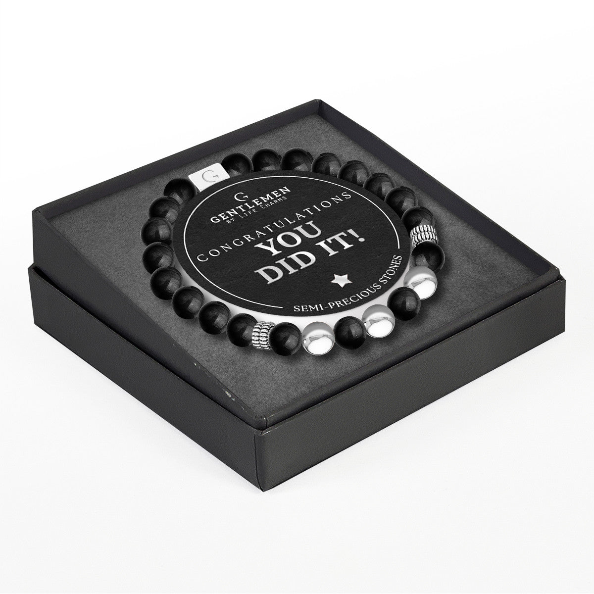 Black agate semi precious beaded elastic bracelet - Congratulations