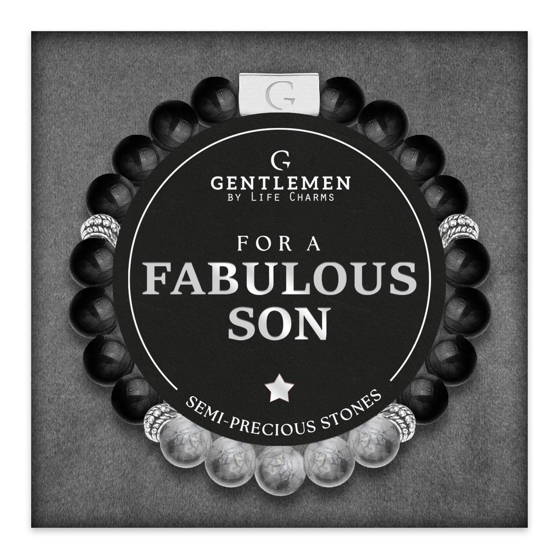 Grey jasper & black agate semi precious beaded elastic bracelet - Fabulous son